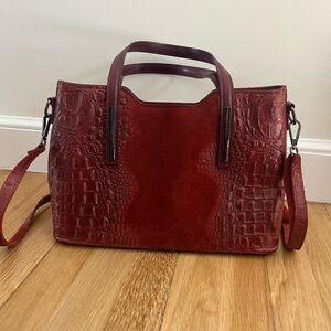 Bordeaux Red Leather Croc Embossed Shoulder Bag